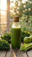 Fresh green juice in glass bottle with cork surrounded by kale, celery and apple on wooden table with warm sunlight streaming through window for healthy lifestyle.