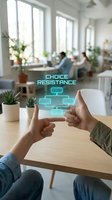 Business professionals discussing choice versus resistance concept with holographic interface in modern office workspace for decision making strategies.