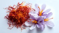 Dried saffron spice threads and fresh purple saffron crocus flowers on white background, showing the source of this valuable culinary ingredient.