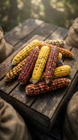 Colorful heirloom corn varieties displayed on rustic wooden crate with burlap sacks in natural outdoor setting for harvest season and farm-to-table concepts.