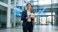 Woman in business attire holding miniature house model in modern office lobby with digital growth chart and financial data visualization overlay for real estate investment concepts.