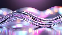 Shimmering wave pattern with holographic effect in purple and pink tones against blurred bokeh background, creating dynamic flowing motion and light reflection.