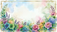Watercolor floral frame with pastel roses, peonies, and lavender on a soft background with gold border and copy space.