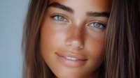 Close up portrait of young woman with freckles, natural makeup, blue eyes and glowing skin against light background. Soft daylight illuminates gentle smile.