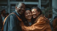 Proud African American graduate embracing parents during commencement ceremony, celebrating academic achievement and family support.