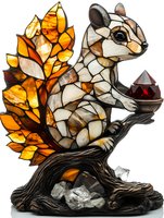Stained glass squirrel lamp with amber crystal tail and red gemstone accent sitting on wooden branch, decorative mosaic design for home lighting.