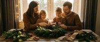 Happy family of four crafting Christmas wreath together at home table with pine branches and decorations during cozy holiday preparation time.