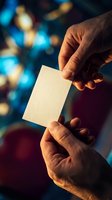 Hands holding blank white business card with warm lighting and colorful bokeh background for corporate branding and networking presentations.