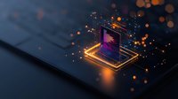 Glowing digital tablet with floating layers and orange light particles on dark background creates futuristic technology concept for business presentations.