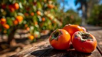 Fresh ripe persimmons on rustic wooden table with blurred orchard background, showcasing seasonal harvest for food photography.