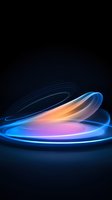 Abstract glowing blue and orange light trails swirling in spiral motion against dark background, creating dynamic energy flow effect for technology designs.