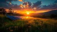 Solar panels in mountain meadow at dramatic sunset with golden sunburst through clouds, wildflowers in foreground and rolling hills silhouetted against colorful sky.