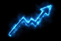 Glowing blue neon arrow graph showing upward trend on black background with electric light effect and smoke particles for business growth concept.