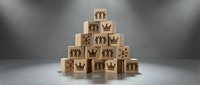 Wooden blocks stacked in pyramid formation with castle icons, representing organizational hierarchy, leadership structure, and corporate management concepts for business presentations.