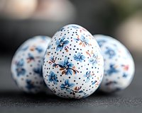 White Easter eggs decorated with delicate blue and coral floral pattern and dots on dark background, selective focus on center egg, macro photography.