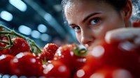 Young woman with intense blue eyes examining fresh, wet cherry tomatoes on vine in grocery store or market. Perfect for food shopping concepts.