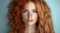 Split face portrait showing contrast between curly red natural hair and straight ginger hair styling, blue eyes and freckled skin against blue background.