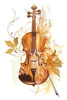 Wooden violin with decorative golden floral elements and autumn leaves on white background, classical music instrument artistic composition for design.