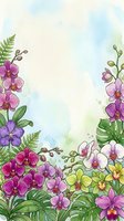 Watercolor orchid border frame with colorful blooms and tropical leaves, soft pastel background with copy space for greeting cards and invitations.