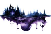 Mystical castle silhouette against starry night sky, watercolor cosmic landscape with floating pine forest and galaxy elements merging into surreal purple space background.