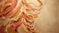 Abstract flowing brushstrokes in warm orange and gold tones create dynamic movement on textured canvas background for modern interior design.