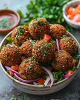 Crispy falafel balls garnished with fresh herbs, served in ceramic bowl with sliced vegetables and tahini sauce, middle eastern vegetarian appetizer on dark surface.