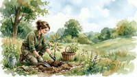 Young woman gardener in earth-toned clothing tending plants in countryside meadow with wicker basket, surrounded by wildflowers and rolling green hills.