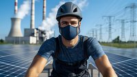 Middle-aged Caucasian male worker in protective mask and helmet at solar panel installation site with industrial cooling towers and power lines in background.