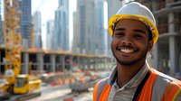 Young African American male construction worker with safety helmet and reflective vest smiling at construction site with urban skyline and crane in background.