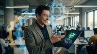 Man in business casual attire holding tablet with digital holographic interface overlay in modern office environment, representing technology innovation and corporate digital transformation solutions.