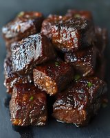 Glazed pork belly burnt ends stacked on dark slate surface, glistening with sticky sweet and savory Asian-inspired sauce, garnished with fresh chopped herbs.
