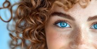 Close-up of young woman with vibrant blue eyes, freckles, and curly auburn hair against light blue background.