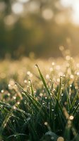Fresh green grass blades covered in sparkling morning dew drops, glowing bokeh background, soft golden sunrise light, nature close-up macro.