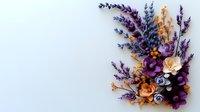 Elegant floral arrangement with purple lavender sprigs, peach roses, and delicate wildflowers on light background, creating romantic corner composition for wedding design.