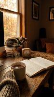 Tabby cat resting on stacked books beside wooden clock and coffee mug on desk by sunlit window, autumn foliage visible outside, cozy study workspace.
