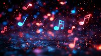 Glowing musical notes in pink and blue float against dark background with bokeh effect, creating magical atmosphere for music and entertainment concepts.