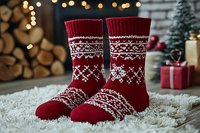 Cozy red knitted wool socks with traditional Nordic snowflake pattern on white carpet. Christmas decorations, bokeh lights, firewood and wrapped gifts create festive atmosphere.