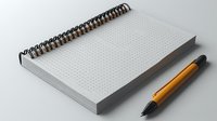 Blank dotted notepad with black spiral binding and yellow mechanical pencil on gray background. Clean minimal office supplies for creative planning and note taking.