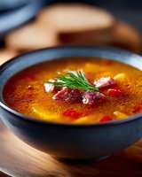 Hot savory meat soup with vegetables and herbs in black ceramic bowl on wooden table, close up view with selective focus and natural lighting.