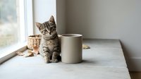 Cute tabby kitten sitting beside a ceramic mug on a windowsill with soft natural light and cozy home interior background.