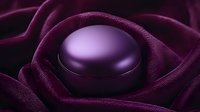 Luxurious purple sphere nestled in deep burgundy velvet fabric with dramatic lighting and shadows creating elegant composition for luxury product photography.