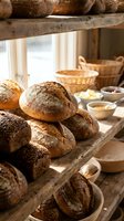 Freshly baked artisan bread loaves with flour dusting arranged on wooden shelves in a rustic bakery setting with natural window light and wicker baskets.