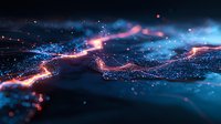 Abstract glowing particles flow in dark blue space creating luminous waves with pink and orange light trails against cosmic background.