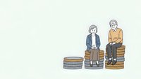 Senior couple sitting on stacks of coins representing retirement savings and financial planning for elderly lifestyle security.