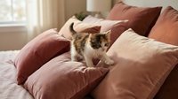 Tabby and white cat sitting on bed with burgundy and beige pillows in bright bedroom with window, domestic pet relaxation scene.