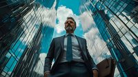 Confident middle-aged Caucasian businessman in suit standing against modern glass skyscrapers with dramatic low angle view reflecting clouds in turquoise sky.