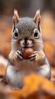 Close-up portrait of adorable red squirrel holding acorn in autumn forest setting with blurred orange background, showing detailed fur and expressive eyes.