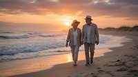 Mature couple walking hand in hand on beach at sunset with golden sky and ocean waves creating romantic atmosphere for vacation and retirement lifestyle.
