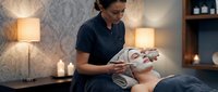 Professional spa therapist applying facial mask treatment to relaxed female client in luxury wellness center with ambient lighting and candles.