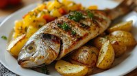 Grilled whole fish served with roasted potatoes and colorful vegetable garnish on white plate, showcasing Mediterranean cuisine for restaurant menu or food blog.